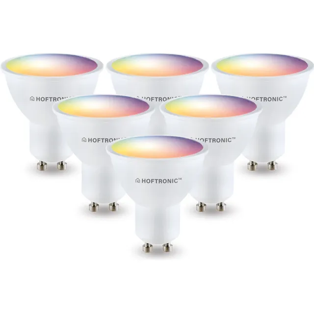 HOFTRONIC SMART 6x Hoftronic Smart - GU10 smart lamp - LED - Besturing via app - WiFi Bluetooth - Dimbaar - Slimme verlichting - 120° - 5.5 Watt - 400 lumen - 230V - 2700-6000K - RGBWW - 16.5 miljoen kleuren - Smart spotje - Compatibel met alle smart assistenten