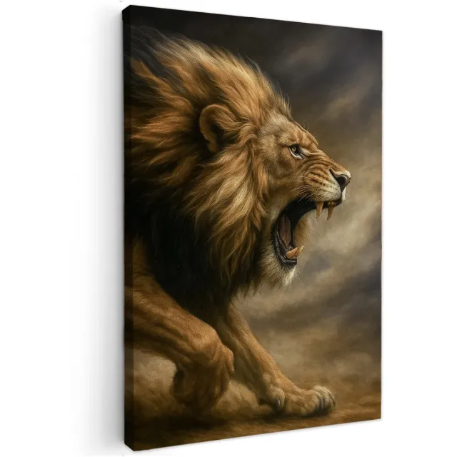 Canvas Schilderij - De Leeuw Ontwaakt - 90x60 cm - Abstracte kunst - Huis decoratie woonkamer - dieren muur schilderijen - Wanddecoratie accessoires - Kamer interieur grijs