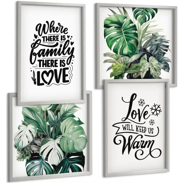 TULUP 4-Delige Schilderij Set - Familieliefde, warmte thuis, bladeren, planten, aquarel - 40 x 40 cm en 40 x 60 cm - Wanddecoratie - Muurdecoratie - Woonkamer - Interieur Decoratie Zilveren lijst