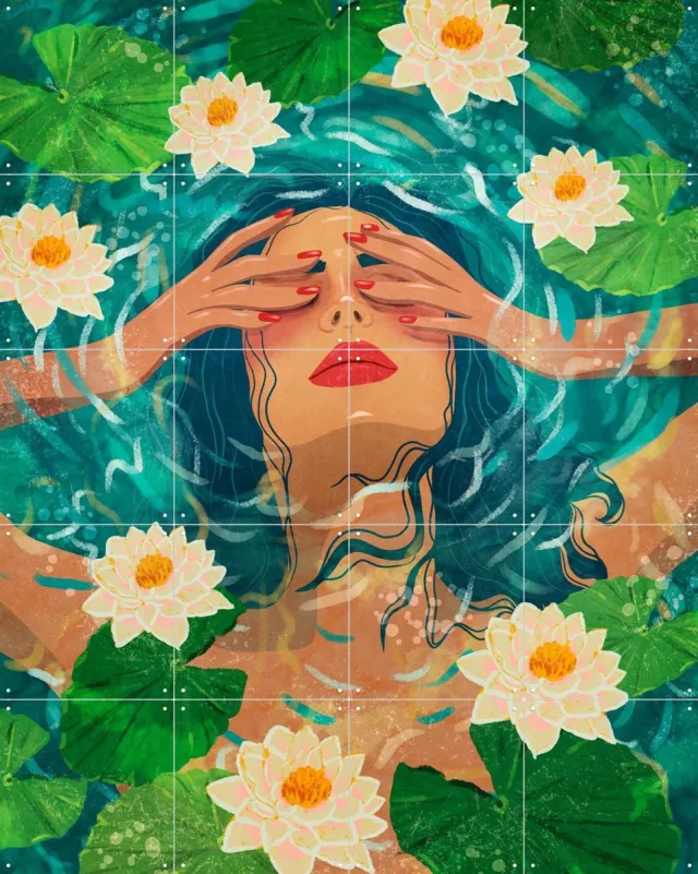 IXXI Lost Among Water Lilies, Raissa Oltmanns - 80 x 100 cm - Grote wanddecoratie en posters - Abstract, Fantasierijk, Kleurrijk, Surrealisme Blauw / Groen