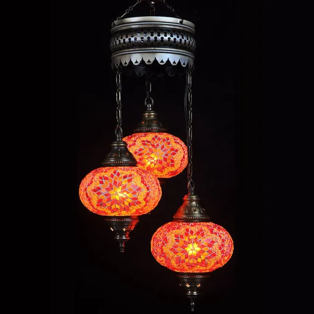 Halay Turkse hanglamp oranje mozaiek - oosterse hanglamp met 3 bollen - hoogte 80 cm - handgemaakt en uniek Oranje.