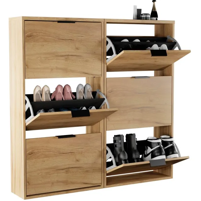 Planetmöbel STIVIO - Schoenenkast 60 cm - Goud eiken - Set van 2 met elk 3 kleppen - 23 cm diep 3 kleppen. Goud eiken