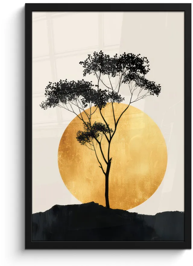 FrameYourWall Poster in lijst - Fotolijst 40x60 cm - Posters - Zwarte boom - Gouden cirkel - Heuvel - Posterlijst zwart - Decoratie - Wanddecoratie woonkamer - Muurdecoratie slaapkamer Boom - Cirkel - Heuvel