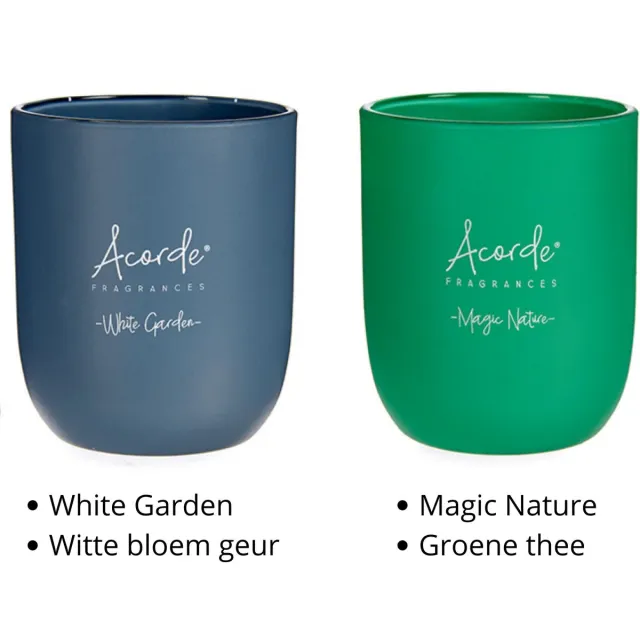 Acorde Nature Geurkaarsen In Glas - Twee Kaarsen - Twee Geuren - Witte Bloemen - Groene Thee - Aroma - Parfum - Kaarsglas 120 g - Wax Wit - 2 Stuks - Sfeer Cadeau