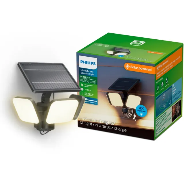 Philips UltraEfficient Zyren Wandlamp - Solar Beveiligingslamp - Floodlight - Bewegingssensor - Helder wit licht: 3000K - 24,5W - Zwart - Twee lichtstanden - Schemersensor - Zonne-energie - Waterbestendig