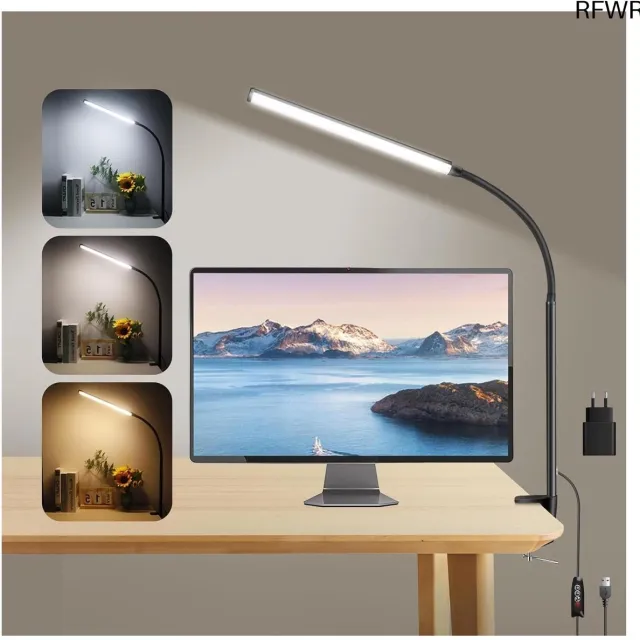 RFWR Klembare LED Bureaulamp met 3 Kleurinstellingen en 10 Helderheidsniveaus - Flexibele USB Lamp voor Thuiskantoor en Creatieve Werkruimtes Zwart