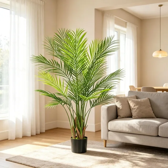 HAUSS SPOLE Kunstplant Onderhoudsvrij – 120 cm Hoog – Kunststof en Cement – Groen – Areca Palm Met Pot – Voor Woonkamer en Kantoor – Geen Montage Nodig