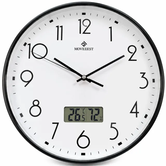 SWGOTA Ronde wandklok 12 inch met zwart frame en witte wijzerplaat - stil quartz-uurwerk en LCD voor temperatuur en luchtvochtigheid - 1 stuk