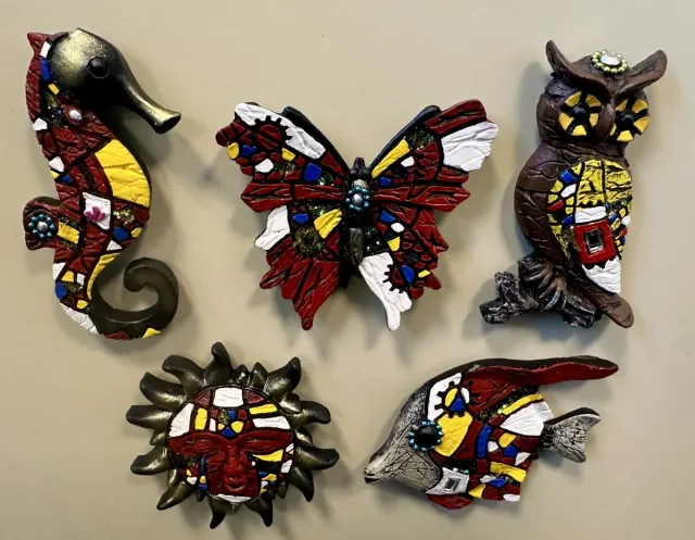 Impuls Koelkastmagneten "Dieren + zon" - Set van 5 stuks - uil/zon/vlinder/zeepaardje/vis - Polyresin - meerkleurig bruin + rood - hoogte 8 x 7 x 1 cm - Koelkastmagneten - Woondecoratie - Woonaccessoires Rood - Uil/zon/vlinder/zeepaardje/vis