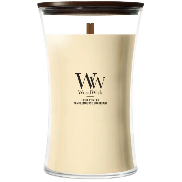 Woodwick Hourglass - Lush Pomelo - Large Geurkaars - 130 branduren Geel