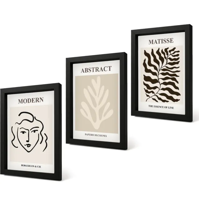 Coloray 4-Delige Schilderij Set - Illustraties van gezichten en bladeren, grafische vormgeving door Henri Matisse - 20 x 30 cm - Schilderijen Set - Wanddecoratie - Woonkamer - Woonkamer Decoratie Zwarte lijst