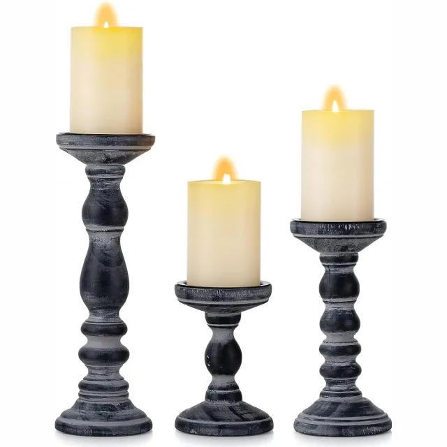 Romadedi Kandelaar stompkaarsen houten kandelaar: set van 3 zwarte kaarsen standaard landhuisstijl shabby chic vintage decoratie voor woonkamer tafeldecoratie 15/21/30 cm