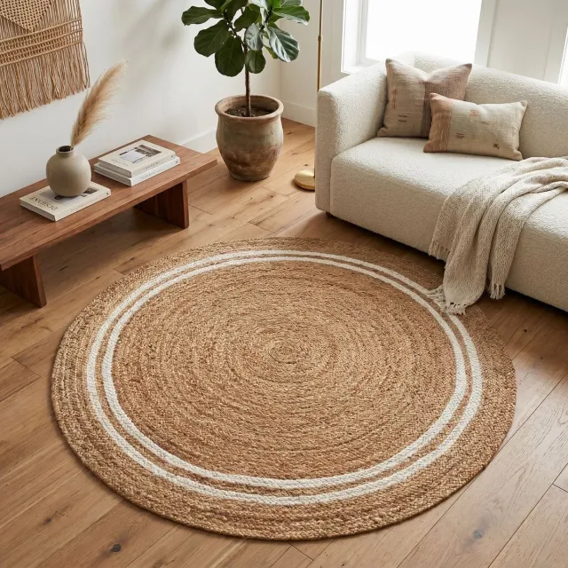 Floordirekt Jute Vloerkleed Mumbai - Rond - Diameter: 150 cm - Raffia Vloerkleed van 100% Natuurlijke Vezels - Gevlochten Boho - Handgeweven Natuurlijk Vloerkleed - voor Keuken & Woonkamer - Robuust & Scheurvast