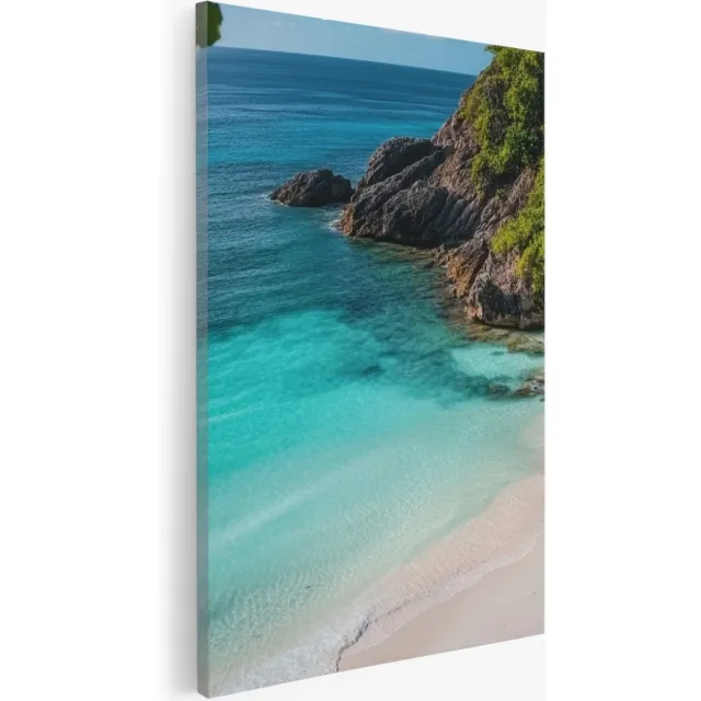 Saammp Canvas Schilderij - Strand tussen de Rotsen - Zee - 80x120 - Foto op canvas - Wanddecoratie - muurdecoratie Woonkamer - Slaapkamer decoratie - Canvas Print Multicolor