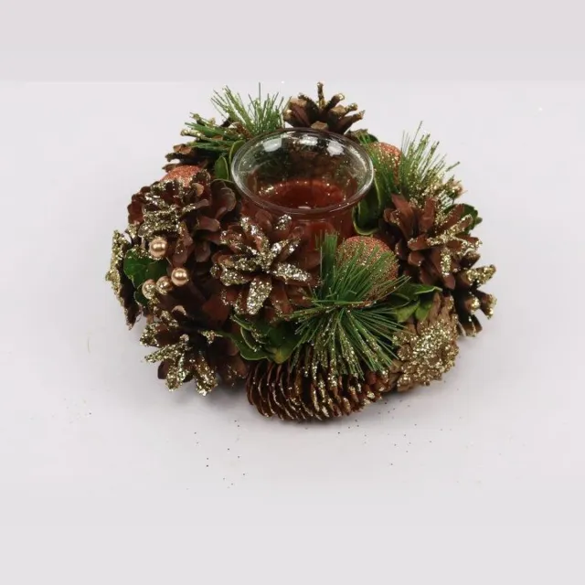La Galleria Kerstkrans 20 cm rond bordeaux groen goud dennenappels blad 1 theelichthouder | NFT-65533 | La Galleria