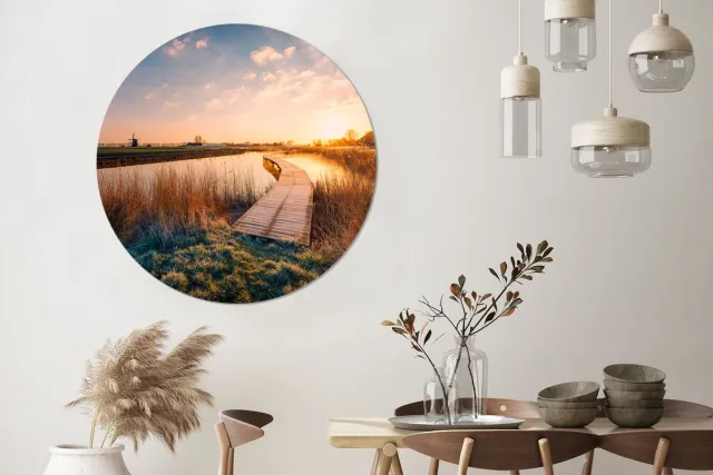 WallCircle Wandcirkel - Muurcirkel - Zonsondergang in de Nederlandse polder - Aluminium - Dibond - 140x140 cm - Binnen en Buiten Zonsondergang - Meer