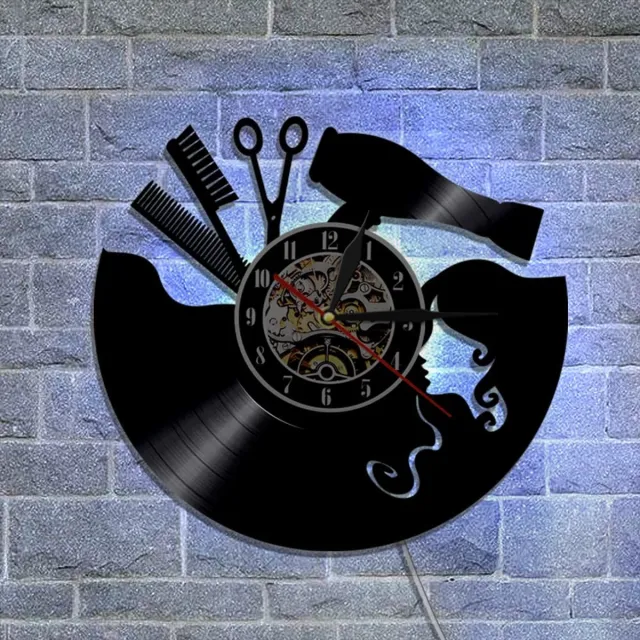 Smotly Vinyl wandklok, wandklok met kapsalonthema en led-nachtlampje, wandklok als cadeau voor de kapsalon Zwart