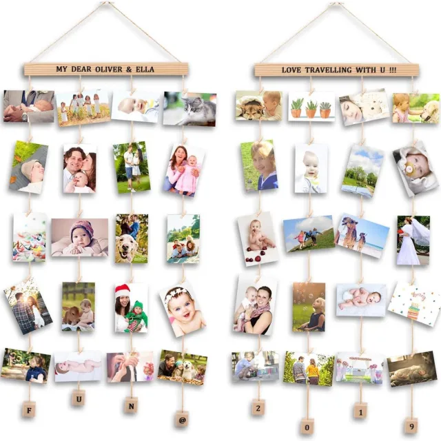 PolkaHome Fotolijst, voor aan de muur, perzik, foto's, met fotohouder, klemmen, decoratie voor huis en cadeau voor bruiloft, verjaardag, 2 stuks, met alfabet- en cijferstickers) Bruin