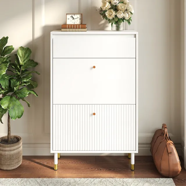 DESMIU Schoenenkast - Smal Ontwerp Met Schublade En Twee Klapvakken - Voor Hal En Smalle Gang - MDF En Spaanplaat - Wit - 65x24x104 Cm