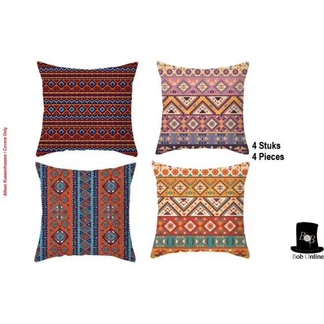 Bob Online™ 4 Stuks – Etnische Kussenhoezen– 43.5 cm x 43.5 cm – 100 % Polyester – Kussenhoezen – Sierkussenhoezen – 4 Pieces Ethnic Cushion Covers Veelkleurig
