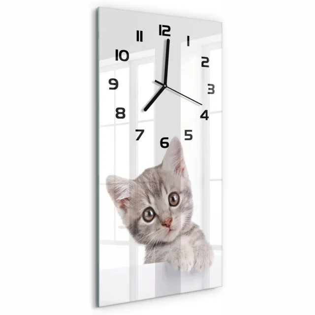 TULUP Wandklok - Grijze kat Wandklok Glas Decoratie - 30x60 cm - Grijs Gekleurde Glazen Klok - Zwarte handen - Rechthoekige Klok - Klok Glas Met Opdruk - Moderne Wandklok Glas