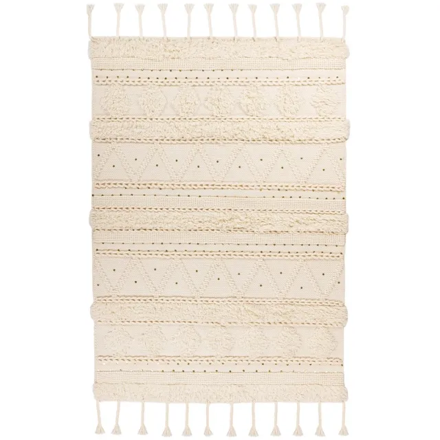 Padiro stijlvol laagpolig vloerkleed - crème / offwhite - boho-streeppatroon - met franjes - voor vloerverwarming - van wol, katoen en pailletten