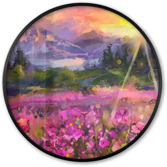 FrameYourWall Poster in lijst Rond - Fotolijst 80x80 cm - Posters - Schilderij - Olieverf - Bloemen - Natuur - Zon - Ronde posterlijst zwart - Decoratie - Wanddecoratie woonkamer - Muurdecoratie slaapkamer Multicolor