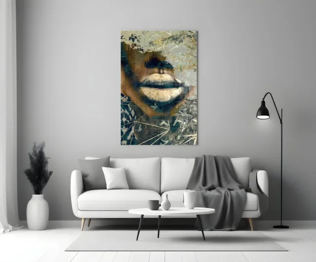 Insigne Art Glasschilderij – Whisper of Nature – Abstracte Lippen & Gezicht – Moderne Kunst met Aardetinten - 110x70 cm Goud