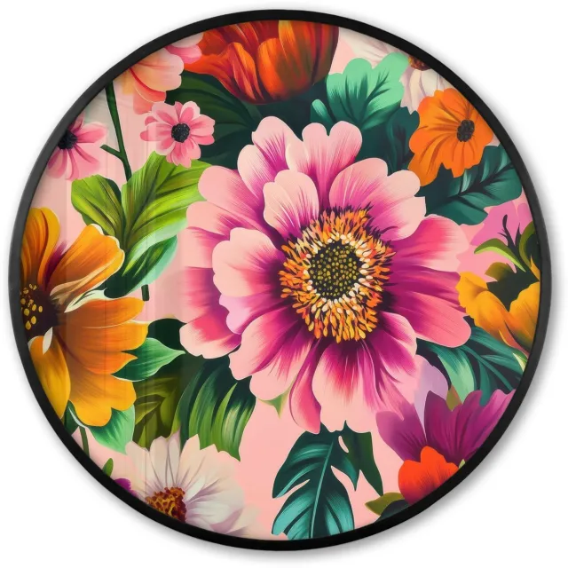 FrameYourWall Poster in lijst Rond - Fotolijst 80x80 cm - Posters - Bloemen - Kleurrijk - Roze - Ronde posterlijst zwart - Decoratie - Wanddecoratie woonkamer - Muurdecoratie slaapkamer