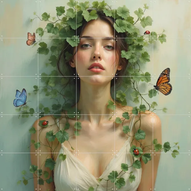IXXI She in Living Green, IXXI Studio - 100 x 100 cm - Grote wanddecoratie en posters - Fantasierijk, Surrealisme, Slaapkamer, Woonkamer, Fantasie Groen
