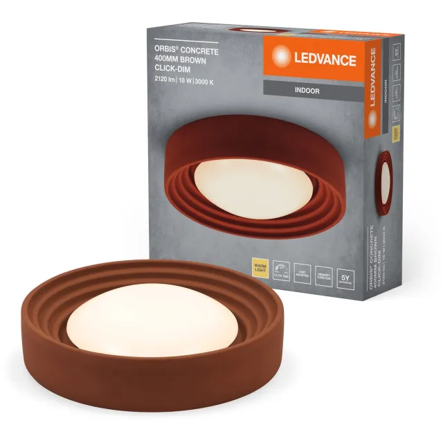 LEDVANCE ORBIS Concrete, bruin betonnen plafondlamp met LED, 18W, 1500lm, 3000K vriendelijk warm wit, dimbaar in 3 stappen door te klikken, 400mm diameter, IP20 bescherming, geschikt voor badkamers