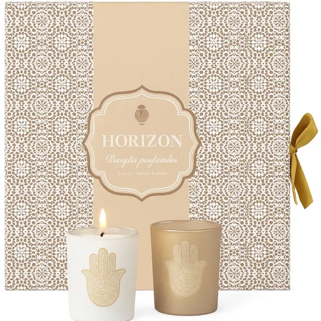 WDMT Luxe Geurkaarsenset met Hamsa Design – 7 Stuks – Rose, Oud & Musk Geuren – Decoratieve Kaarsen in Cadeaubox – Spirituele Sfeerkaarsen voor Ontspanning of Geschenk – Beige/Wit