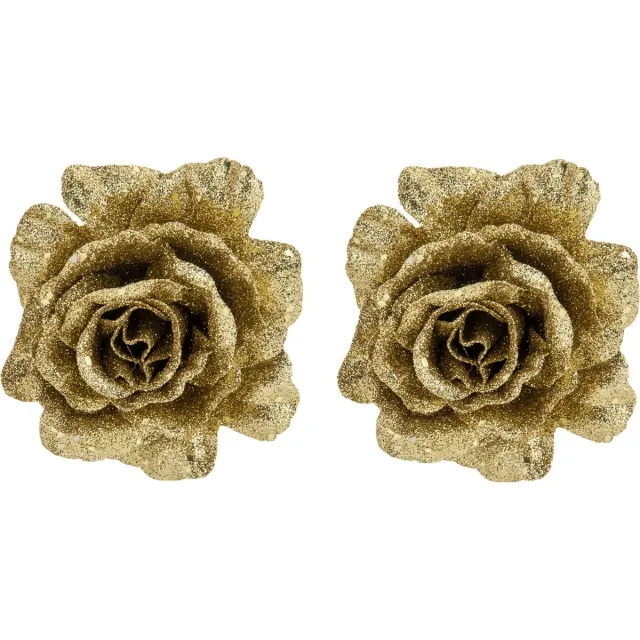 Cosy&Trendy Cosy & Trendy Roos goud glitter op clip - 2x stuks - 10 cm - decoratie bloem - kerstversiering Goudkleurig