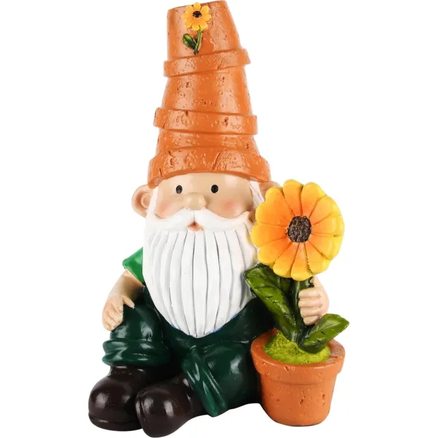 dekoratief Tuinkabouter zittend m/zonnebloem, resina, 14x14x20cm | A230110 groen