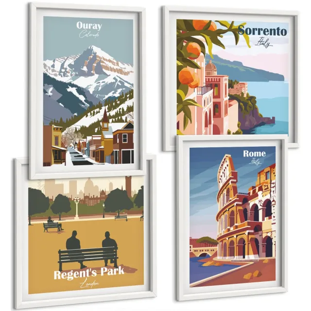 Coloray 4-Delige Schilderij Set - Retro-Illustraties Van Beroemde Regio'S Over De Hele Wereld - 40 x 40 En 40 x 60 - Moderne Wanddecoratie - Slaapkamer - Decoratieve Schilderijen Witte lijst