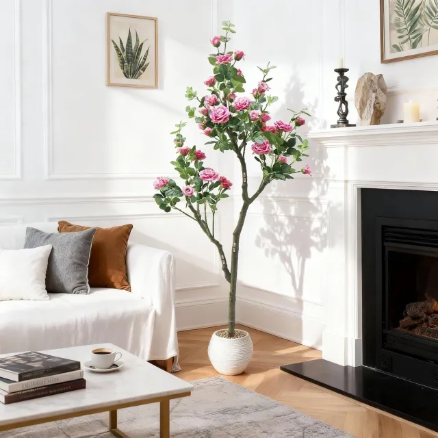 HOERFURIY Kunststruiken van 6 ft met rozenbloemen - Kunstplanten en herfstbomen - Kunstplanten voor buiten in potten - Decoratie voor binnen en buiten - Rozerood
