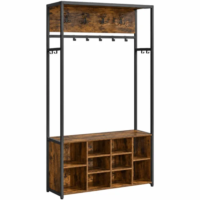 Kymmi Kapstok - Garderobekast - Schoenenrek - Schoenenkast - Staand - Zitbank - 4-in-1 Ontwerp - 14 Haken - 100x32x180cm Bruin & Zwart