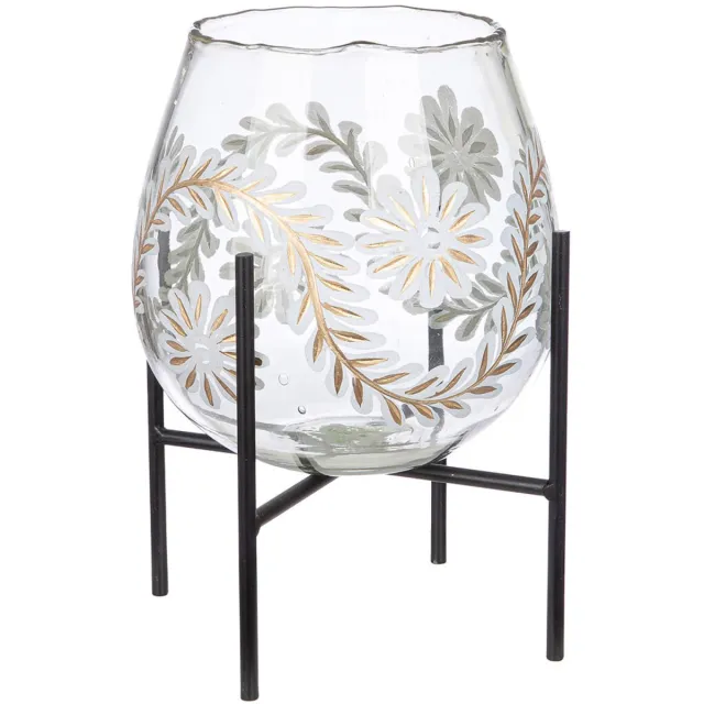 mmdeco Vergulde lantaarn windlicht , bloemenveld , bloemmotief, glas, transparant, H. 29 cm, D. 14 cm in standaard goud