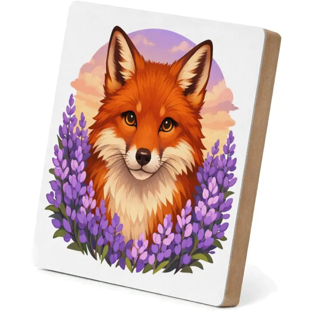 Mr Cadeautjes MDF staande fotolijst 15,2 x 15,2 - design Frontaal portret van een vos in een veld van paarse bloemen | cadeau Wit