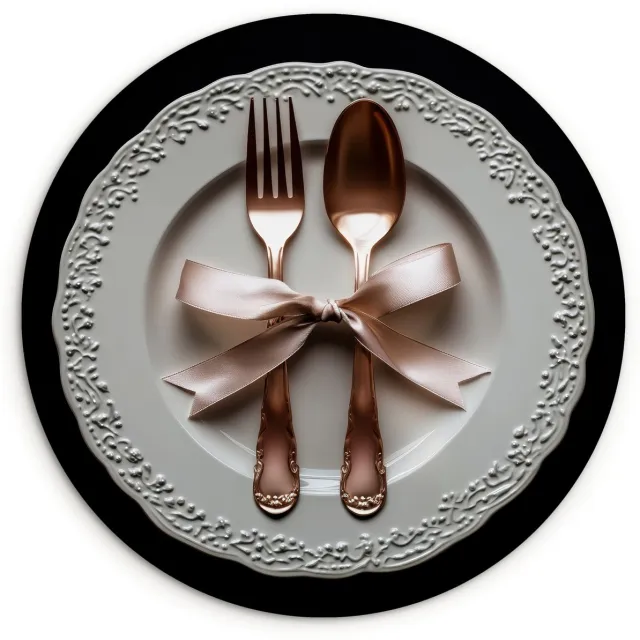 WallCircle Wandcirkel 90x90 cm - Muurcirkel Rose - Strik - Bestek - Muurdecoratie woonkamer - Wanddecoratie slaapkamer - Kamer decoratie accessoires - Ronde schilderijen Bestek - Bord - Strik