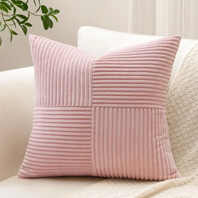KZQ Decoratieve kussenhoes - 1 stuk - 20 × 20 inch - corduroy - roze - zacht - boho, landelijke stijl, gestreept - voor auto, woonruimte
