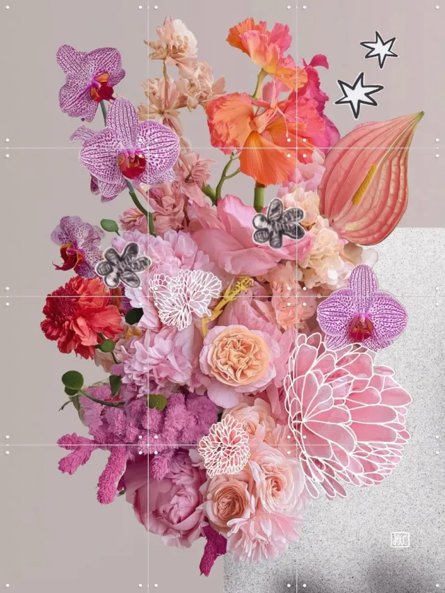 IXXI Petal Field, Henriette Visscher - 60 x 80 cm - Grote wanddecoratie en posters - Kleurrijk, Gemengde Technieken, Woonkamer, Slaapkamer, Boeket Roze