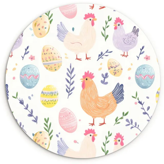 WallCircle Wandcirkel 120x120 cm - Muurcirkel Patroon - Kip - Paaseieren - Muurdecoratie woonkamer - Wanddecoratie slaapkamer - Kamer decoratie accessoires - Ronde schilderijen Pastel - Pasen