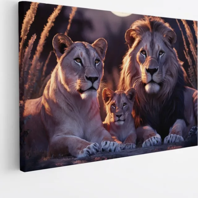 Saammp Canvas Schilderij - Leeuwen Familie - Natuur - Dieren - 70x50 - Foto op canvas - Wanddecoratie - Muurdecoratie Woonkamer - Slaapkamer decoratie - Canvas Print Multicolor