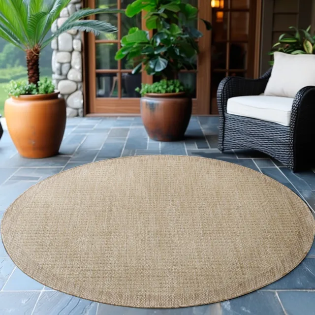 flycarpets Riza Rond Binnen & Buitenkleed Beige - Laagpolig Tuintapijt - Kader Motief - 160 cm