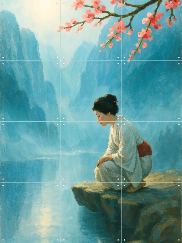 IXXI Geisha bij de Rivier, Natalie Bruns - 60 x 80 cm - Grote wanddecoratie en posters - Naturalisme, Schilderijen, Olieverf, Woonkamer, Studeerkamer Blauw
