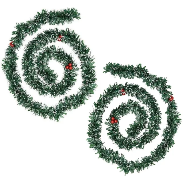 Feeric lights & Christmas Feeric Christmas Dennenslinger - 2x - met sneeuw en rode besjes - 200 x 7,5 cm - kunststof - dennen guirlande Groen