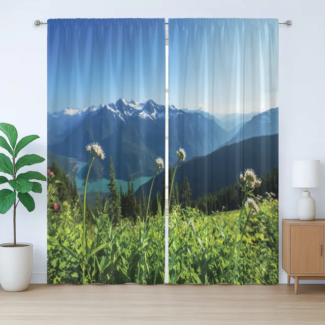 ABAKUHAUS Rustiek Berggordijn, Diablo Lake Paardenbloem, Geplooid Slaapkamergordijn met Lussen en Haken, 280 x 175 cm, Groen Hemelsblauw