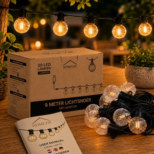 Homezie Lichtsnoer | 9 meter met 20 kunststof LED-lampen | IP65 Waterdicht | Dimbaar | Timer | Lampjesslinger | Tuinverlichting | Lichtsnoer buiten | Prikkabel