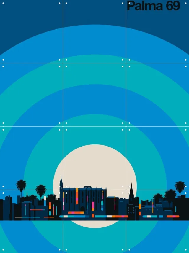 IXXI Palma 69, Bo Lundberg - 60 x 80 cm - Grote wanddecoratie en posters - Illustraties, Digitale Kunst, Geometrische Kunst, Woonkamer, Mancave, Stad Blauw / Donkere tinten